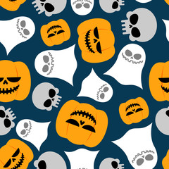 Pumpkin, Ghost and skull seamless pattern. Vector backgrounds fo