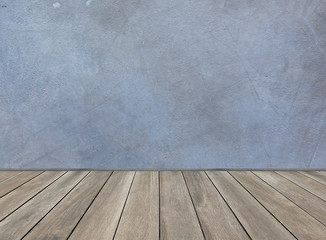 Vintage blue cement wall background and wood plank