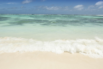 Tropical beach Source D'Argent at island La Digue, Seychelles - vacation background