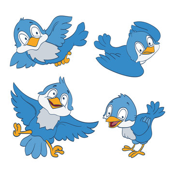 set of cartoon blue birds on white. vector