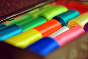 Hanks of multi-colored ribbons Close-up