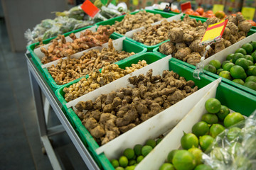 A portrait of turmeric root, ginger and other herbs for alternat