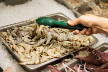 Local shrimp in a tray on a traditional market