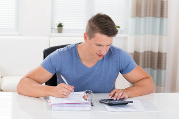 Young Man Calculating Invoice