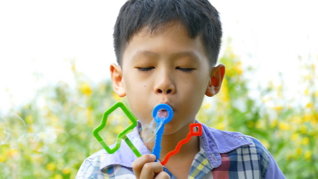 Young Asian boy blowing bubbles in garden 