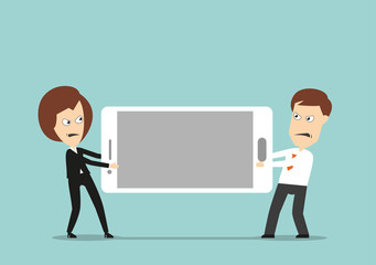 Business colleagues fighting over smartphone