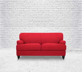 modern red sofa  in white room brick wall