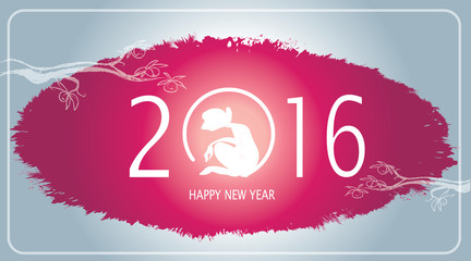 Year Of The Monkey 2016 - vector illustration of monkey silhouette and letter on a red grunge  bloth of ink. Decorated branches with peaches and leaves.