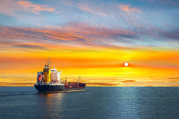 Tanker ship on calm sea in the morning.