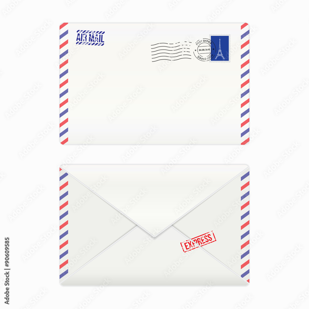 Wall mural Air mail envelope with postal stamp, isolated, vector illustration