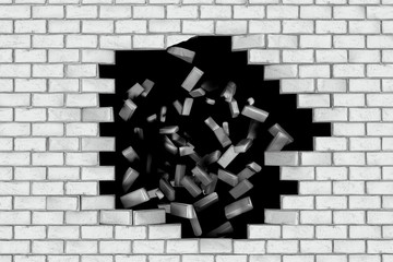 White brick wall falling down making a hole. Black background