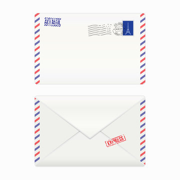 Air mail envelope with postal stamp, isolated, vector illustration
