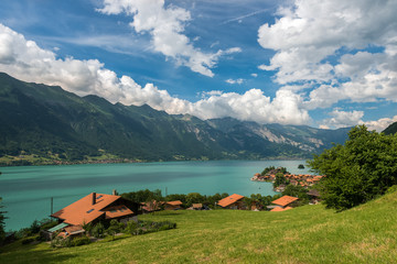 Summer landscape with view on the lake Brienz in the Swiss Alps. Mountains background. Summertime. 