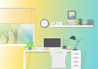 office workstation template - creative room with window - flat design