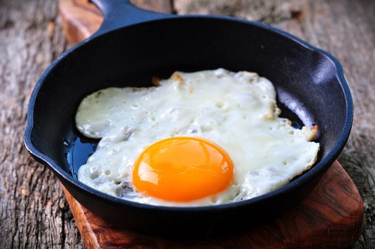 Breakfast the fried egg in a iron frying pan