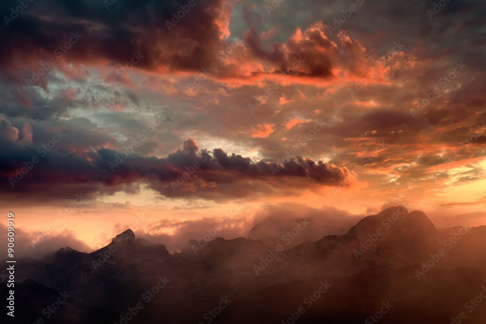 Poster fiery sunset and hazy mountain peaks