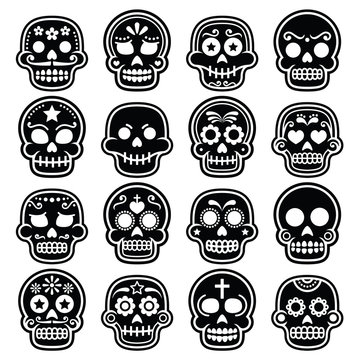 Halloween, Mexican sugar skull, Dia de los Muertos - cartoon icons
