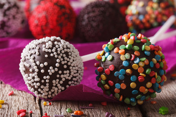 cake pops with candy sprinkles macro on an table. Horizontal
