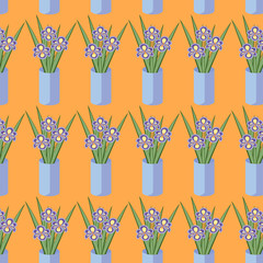 Vector seamless pattern with bouquets of iris flowers in blue vase on the orange background. Vintage texture. Botanical backdrop.