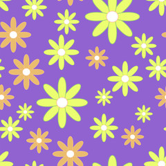 Vector seamless patter with plane flowers. Background with yellow and orange simple camomiles on the purple background.