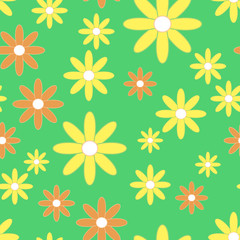 Vector seamless patter with plane flowers. Background with yellow and orange simple camomiles on the green background.