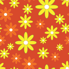 Vector seamless patter with plane flowers. Background with yellow and orange simple camomiles on the red background.
