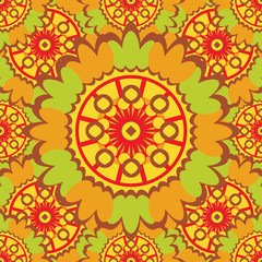 Bright abstract seamless pattern with round ornamental elements. Vector orange background.