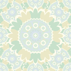 Pale abstract seamless pattern with round ornamental elements. Vector soft yellow background.