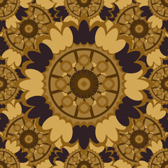 Brown abstract seamless pattern with round ornamental elements. Vector beige background.