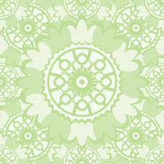 Light abstract seamless pattern with round ornamental elements. Vector soft green background.