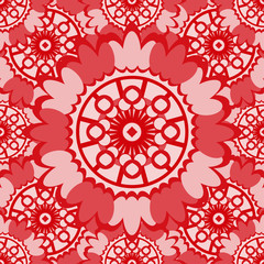 Soft red abstract seamless pattern with round ornamental elements. Vector pink background.
