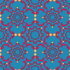 Ornamental seamless pattern. Vintage template. Red curve elements on the blue background. Filigree texture.