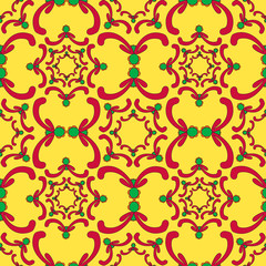 Ornamental seamless pattern. Red and green curve elements on the yellow background. Vintage template. Bright backdrop. Filigree texture.
