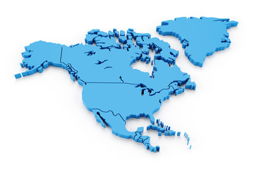Extruded map of north america with national borders