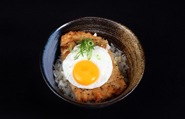 bowl with fried fish, rice and egg
