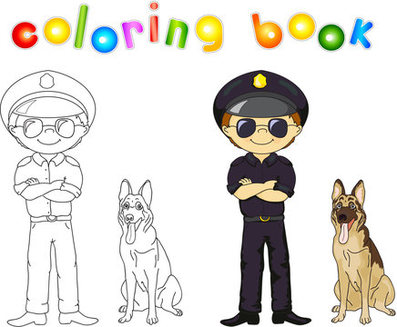 Policeman in black uniform and cap with guard dog. Coloring book