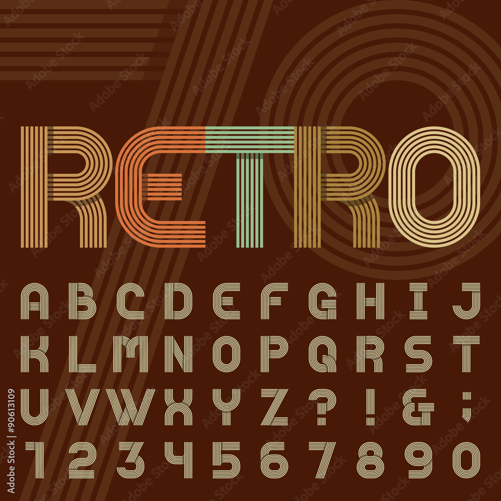 Fototapete retro style stripe alphabet vector font. sans serif type funky letters, numbers and symbols in trend