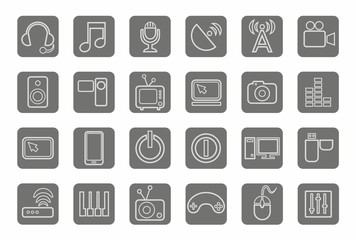 Icons, media, communications, video, computer, gray, contour, grey background. 