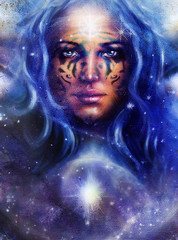 Goddess Woman with tattoo on face, space and light stars.
