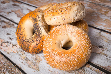 Variety of traditional New York style bagels with seeds