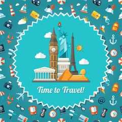 Naklejka premium Illustration of travel flat design postcard with icons