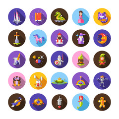 Set of fairy tales flat design magic icons and elements