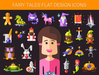 Set of fairy tales flat design magic icons and elements