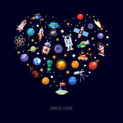 Heart flat design composition of space icons and infographics