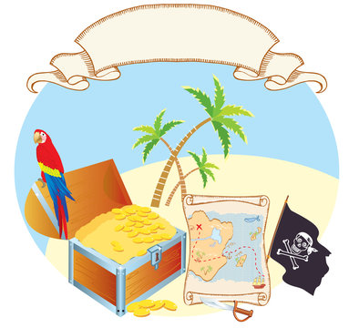 Pirate's treasure with parrot and palms. Vector cartoons map