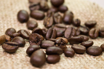 coffee beans scattered on sackcloth closeup