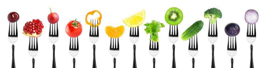Color fruits and vegetables on fork - obrazy, fototapety, plakaty