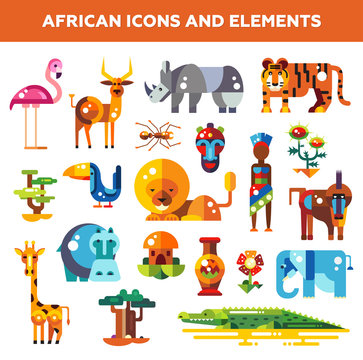 Set of flat design african icons and infographics elements with