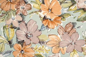 Floral pattern on blue fabric. Brown and orange flowers print as background. - 90622185