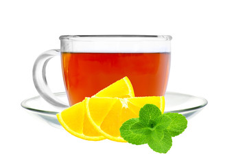Glass cup tea, mint and lemon isolated on white background